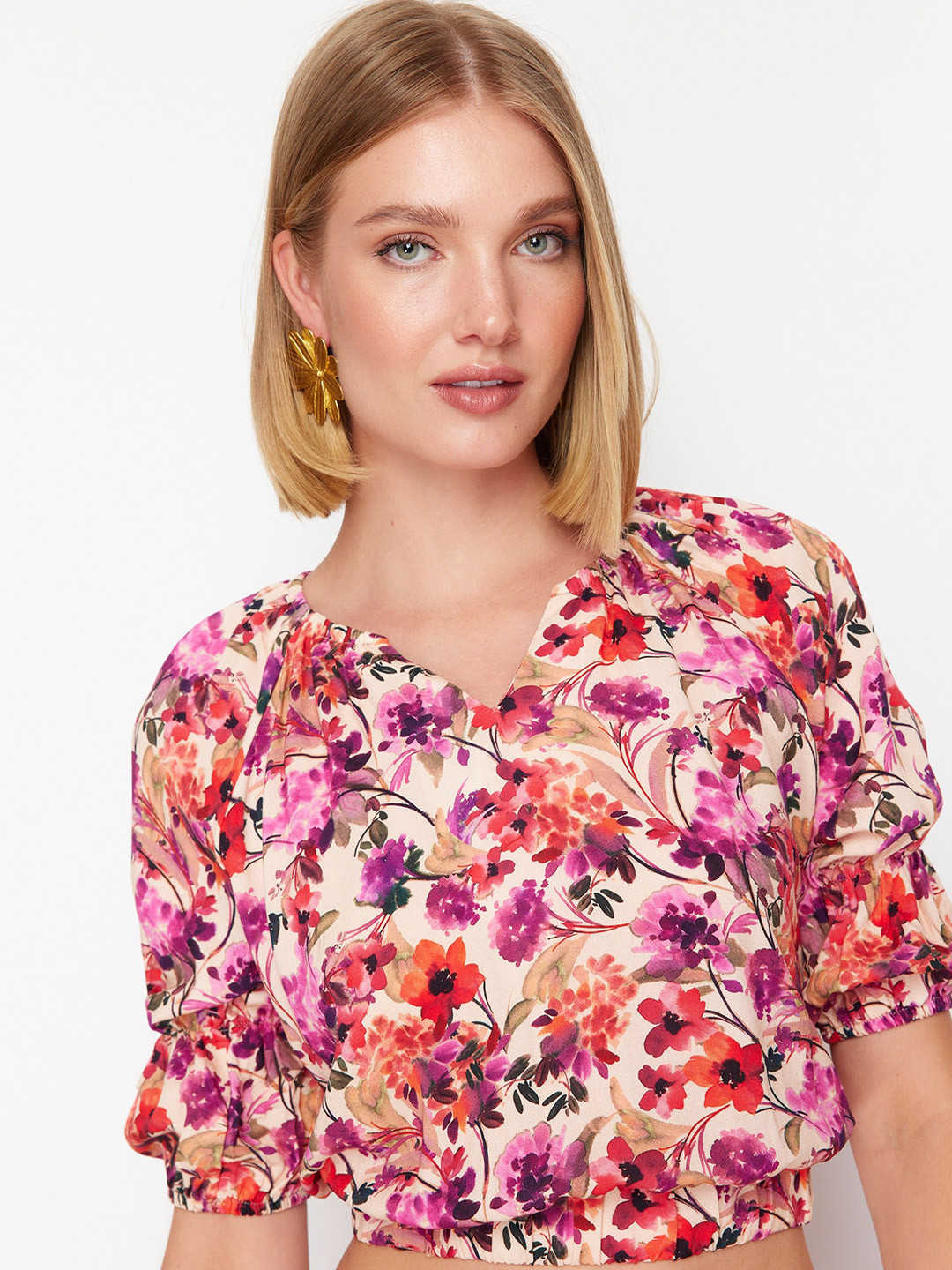 

Trendyol Floral Printed Puff Sleeve Blouson Crop Top, Purple