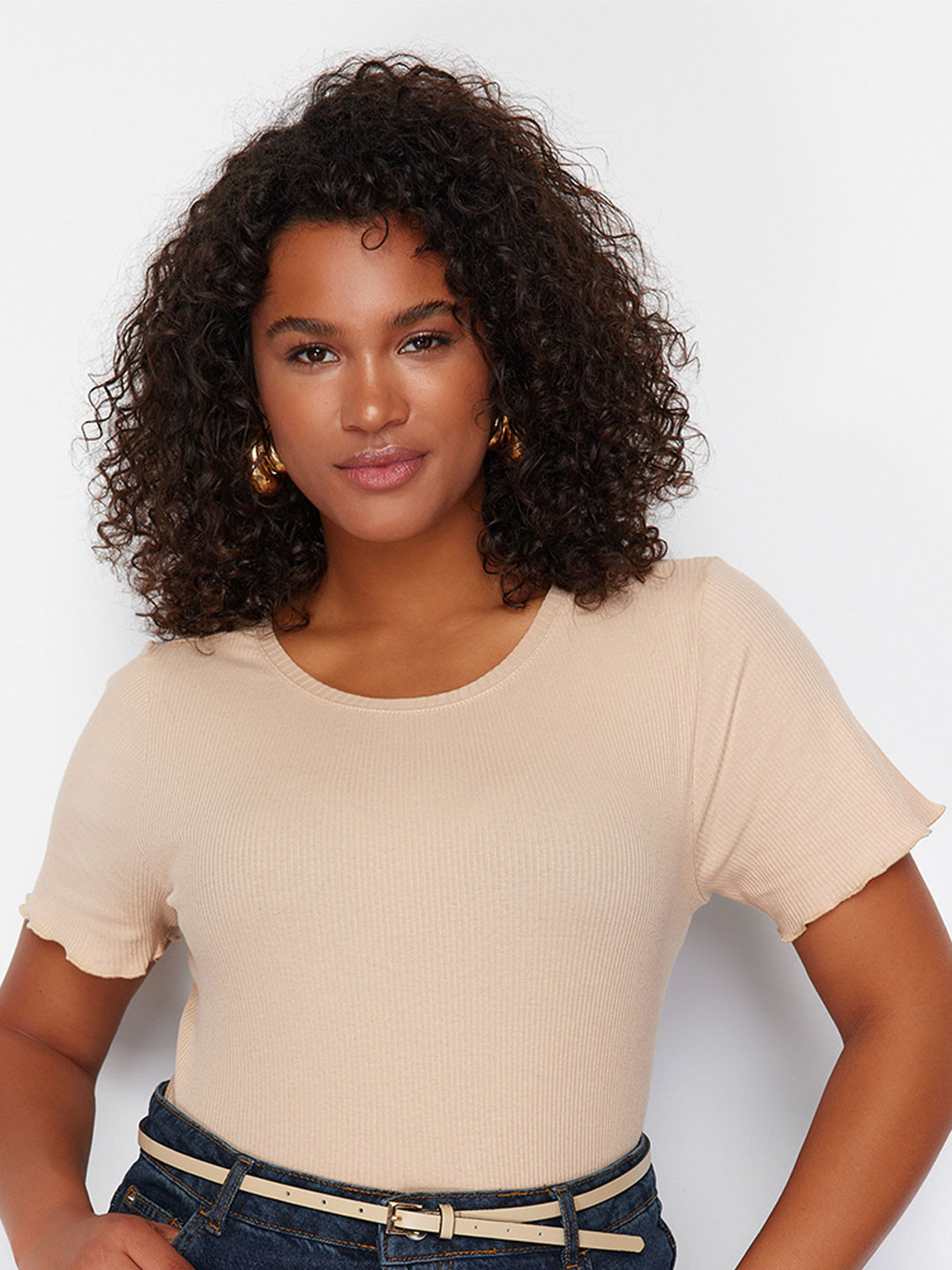 

Trendyol Plus Size Round Neck Short Sleeves Cotton Top, Beige