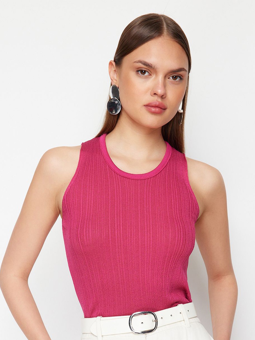 

Trendyol Striped Round Neck Acrylic Fitted Top, Pink