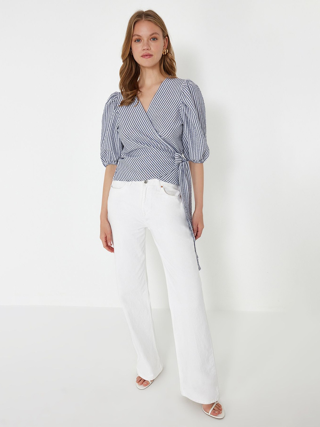

Trendyol V Neck Checked Puff Sleeve Cotton Wrap Top, White