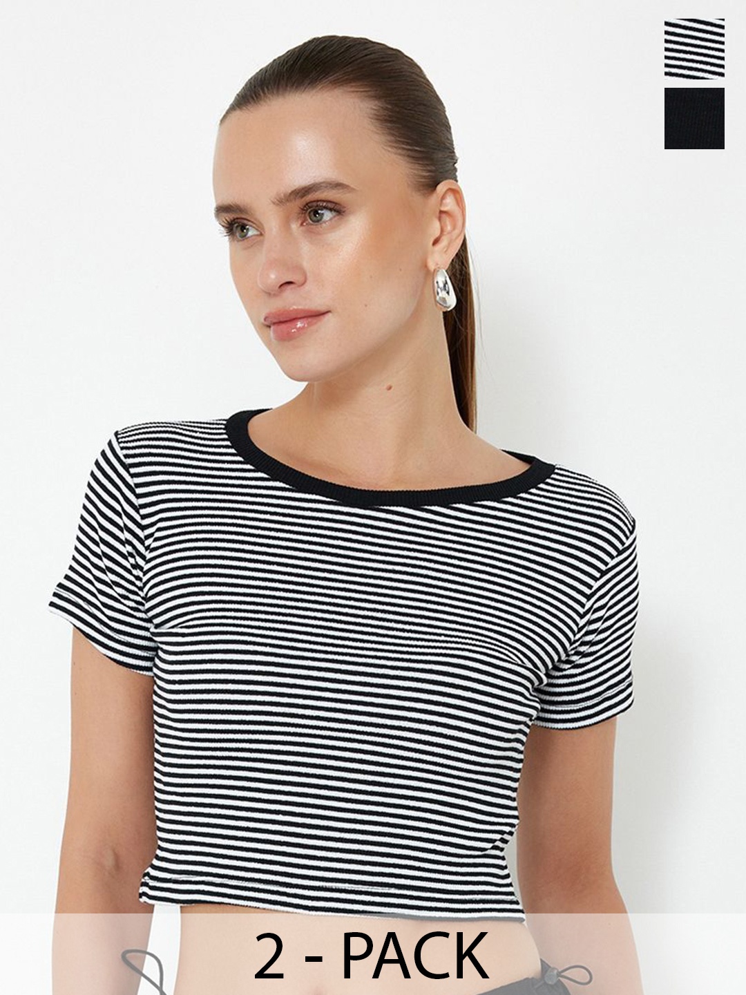 

Trendyol Pack Of 2 Round Neck Short Sleeves Striped Cotton Crop Top, Black