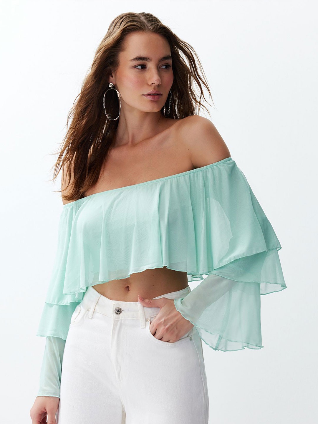 

Trendyol Off-Shoulder Flared Sleeve Bardot Crop Top, Green