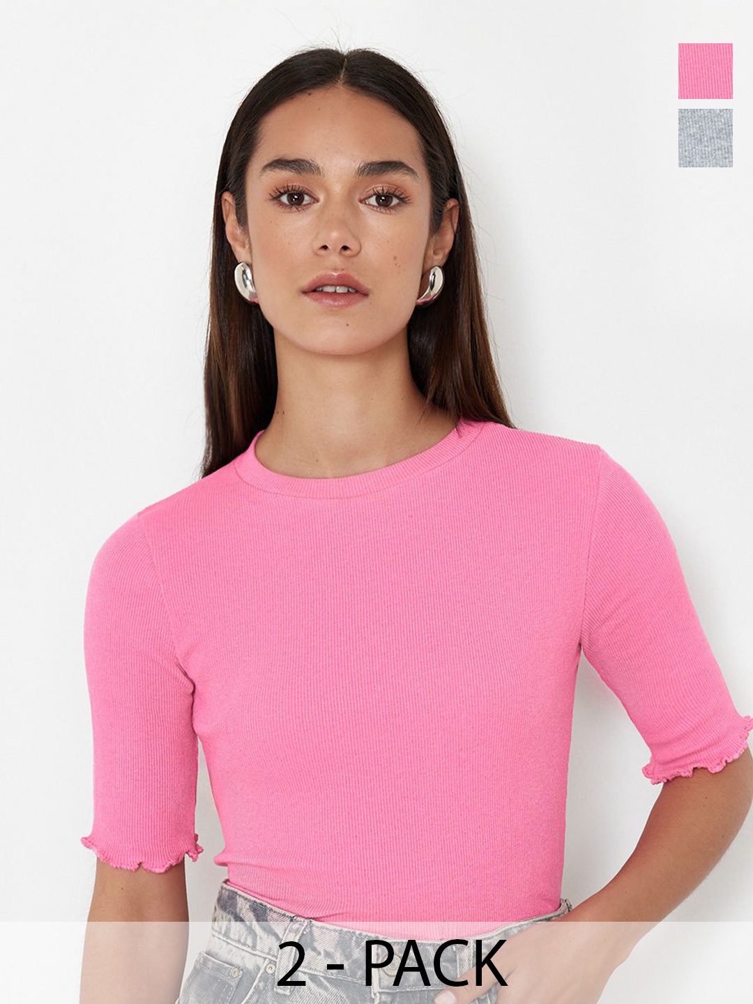 

Trendyol Pack of 2 Round Neck Short Sleeves Fitted Top, Pink