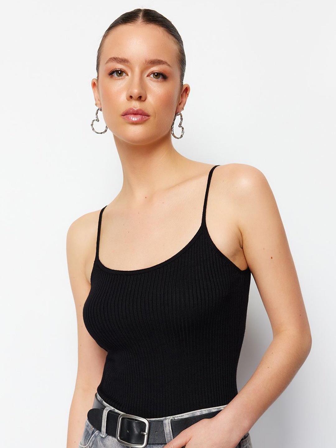 

Trendyol Shoulder Straps Ribbed Fitted Top, Black