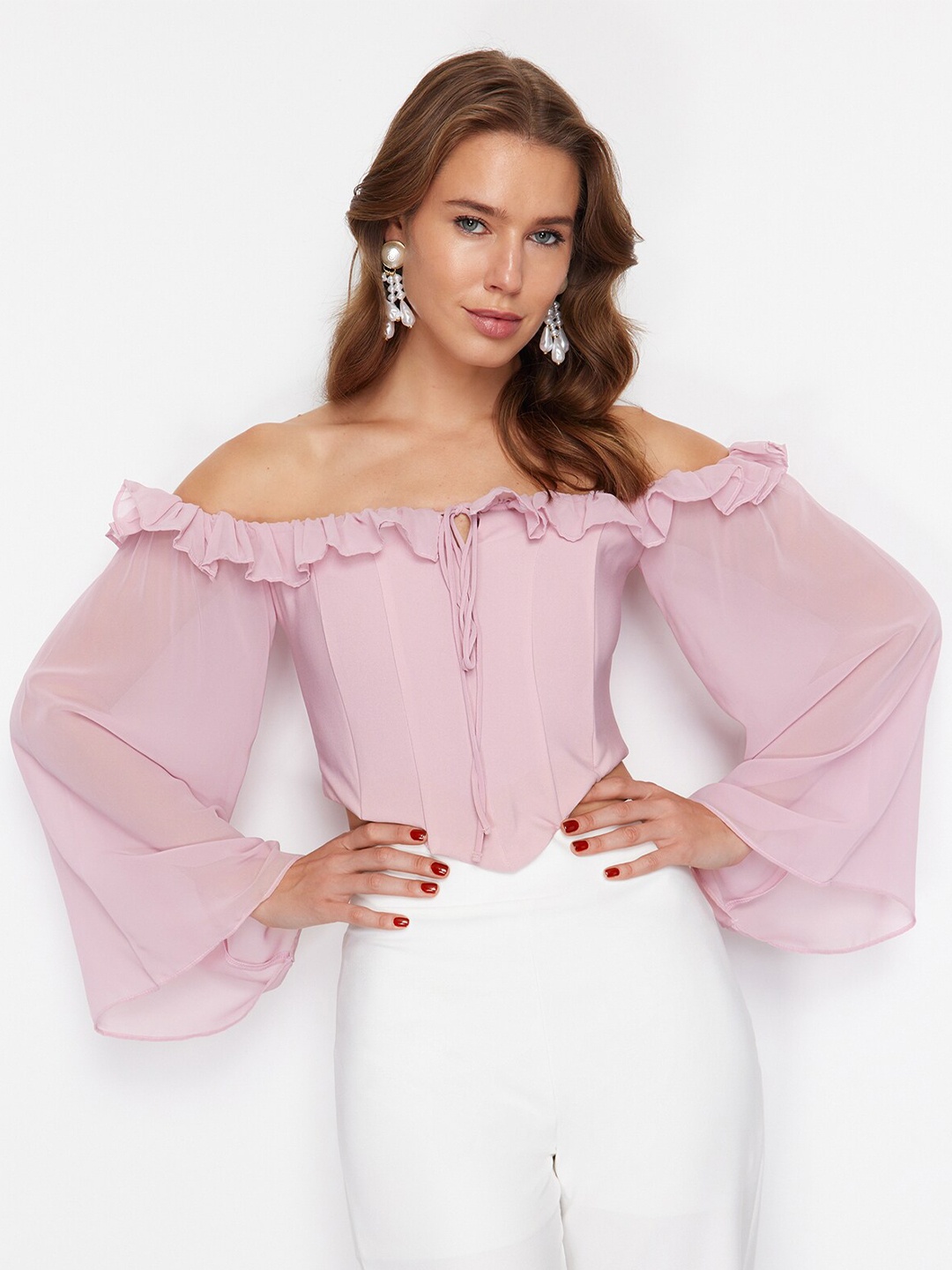 

Trendyol Off-Shoulder Flared Sleeve Bardot Top, Pink