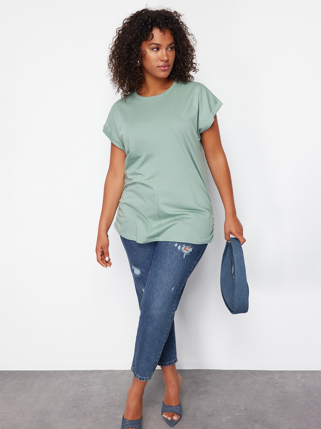 

Trendyol Round Neck Extended Sleeves Cotton Top, Green