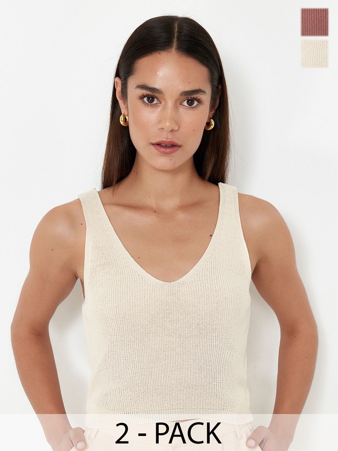 

Trendyol Pack of 2 V-Neck Sleeveless Cotton Acrylic Top, Beige