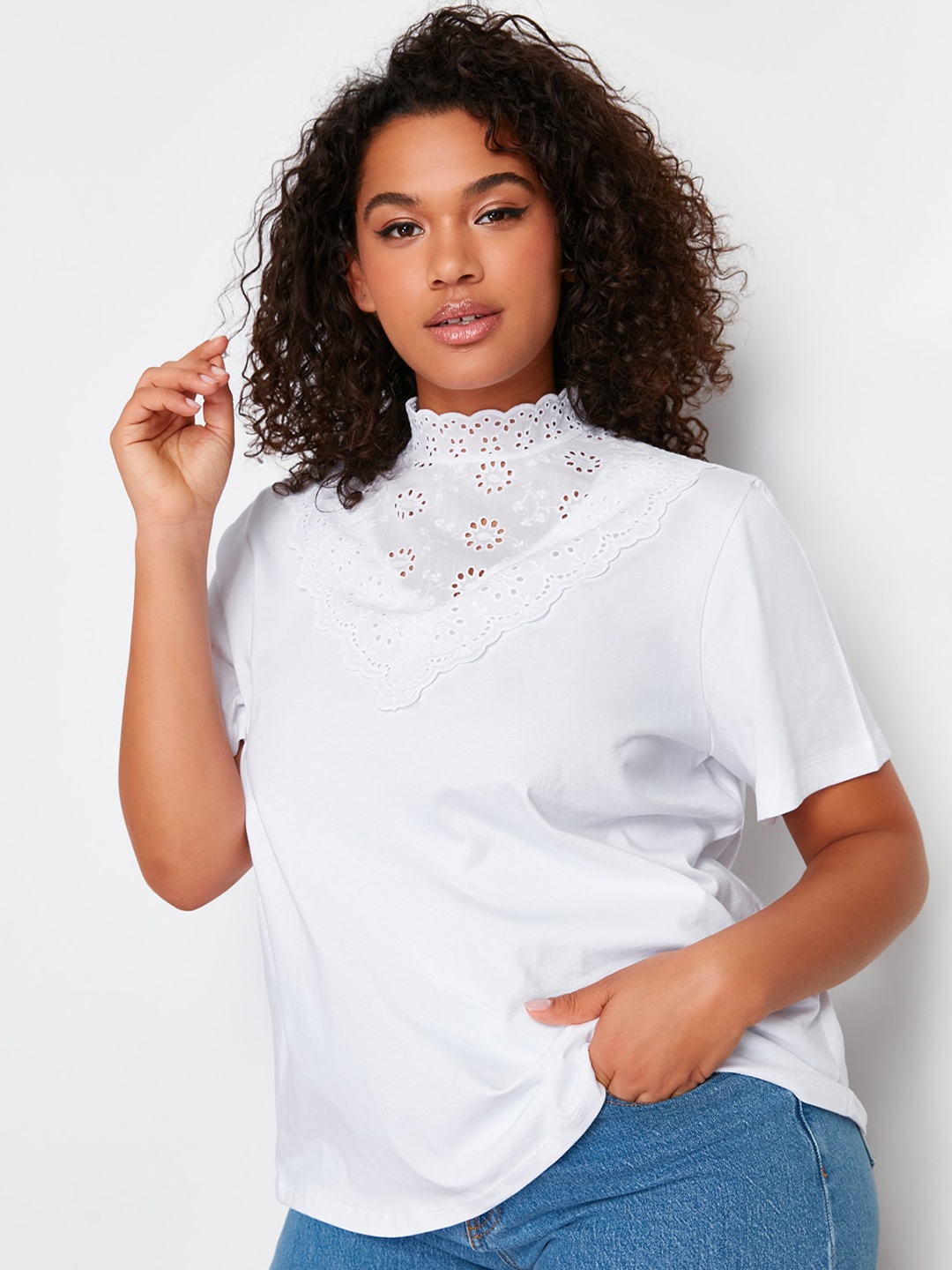 

Trendyol High Neck Short Sleeve Cotton Top, White