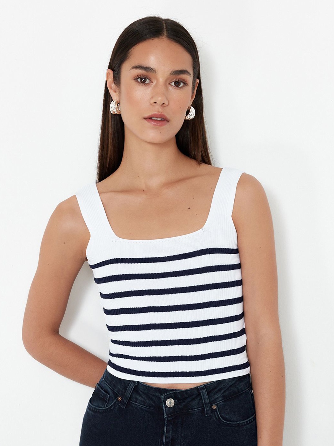 

Trendyol Striped Shoulder Straps Crop Top, White