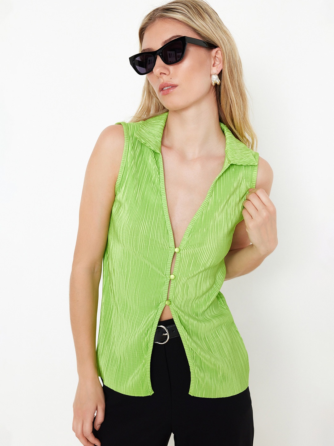

Trendyol Shirt Collar Sleeveless Striped Shirt Style Top, Green