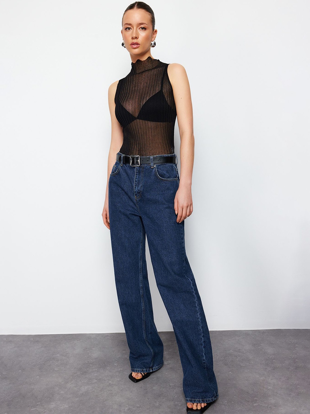 

Trendyol Self Design High Neck Sheer Top, Black