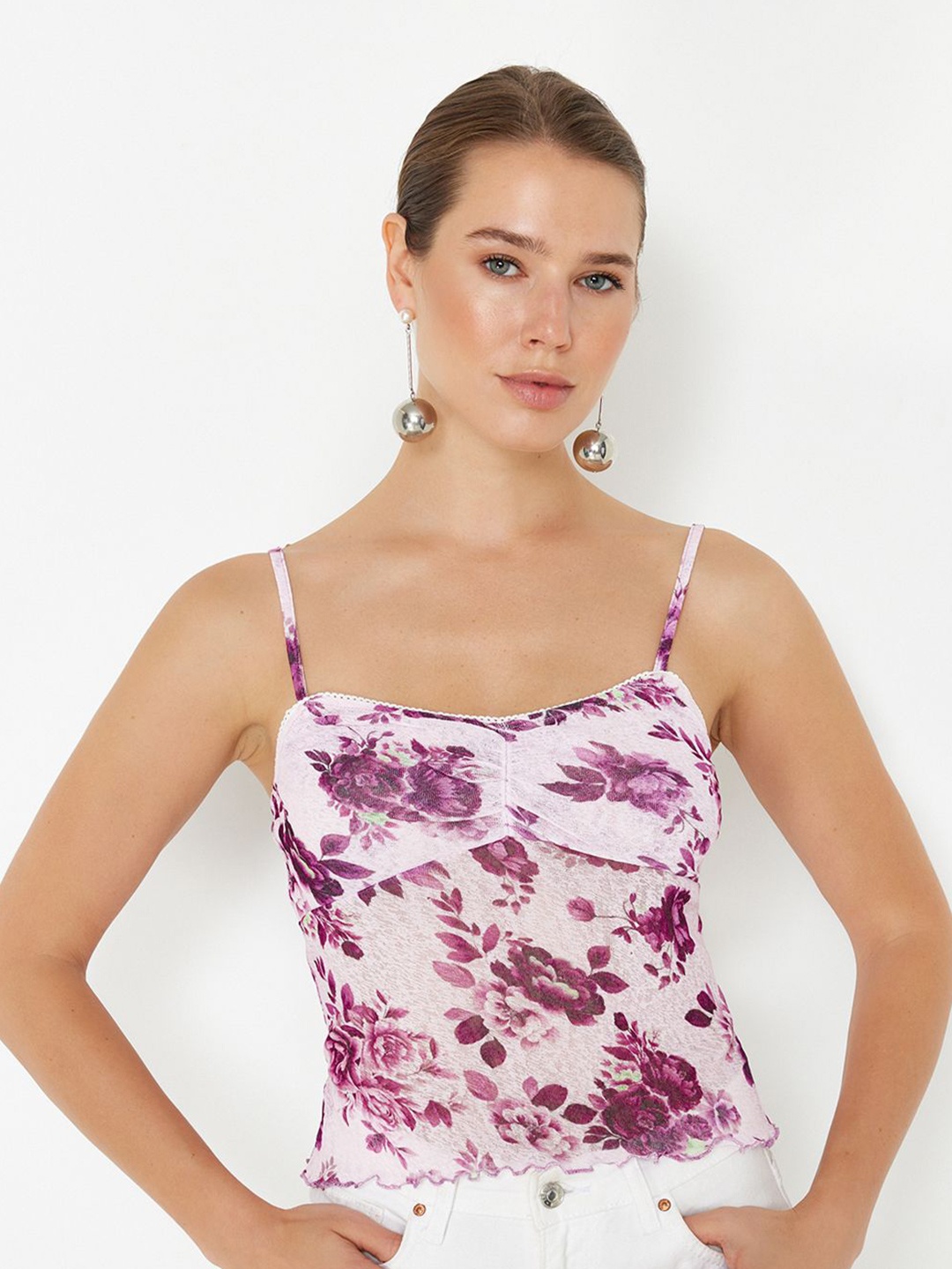 

Trendyol Shoulder Straps Floral Print Top, Pink