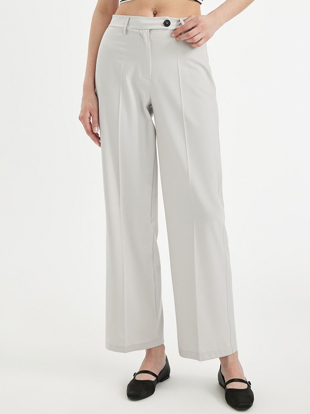 

DeFacto Women Mid-Rise Pleated Parallel Trousers, Grey