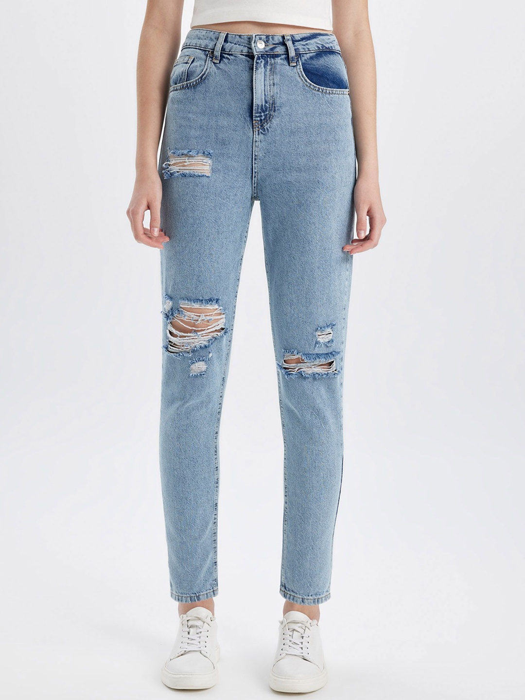 

DeFacto Women Mid Rise Mildly Distressed Pure Cotton Jeans, Blue