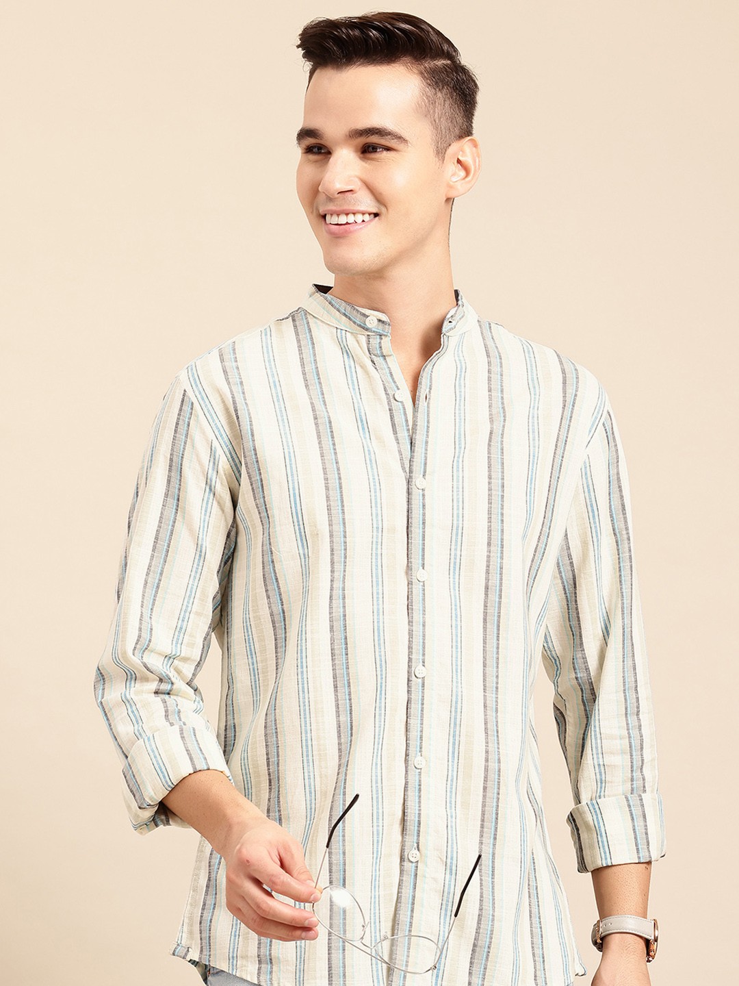 

Mast & Harbour Striped Pure Cotton Shirt, Cream