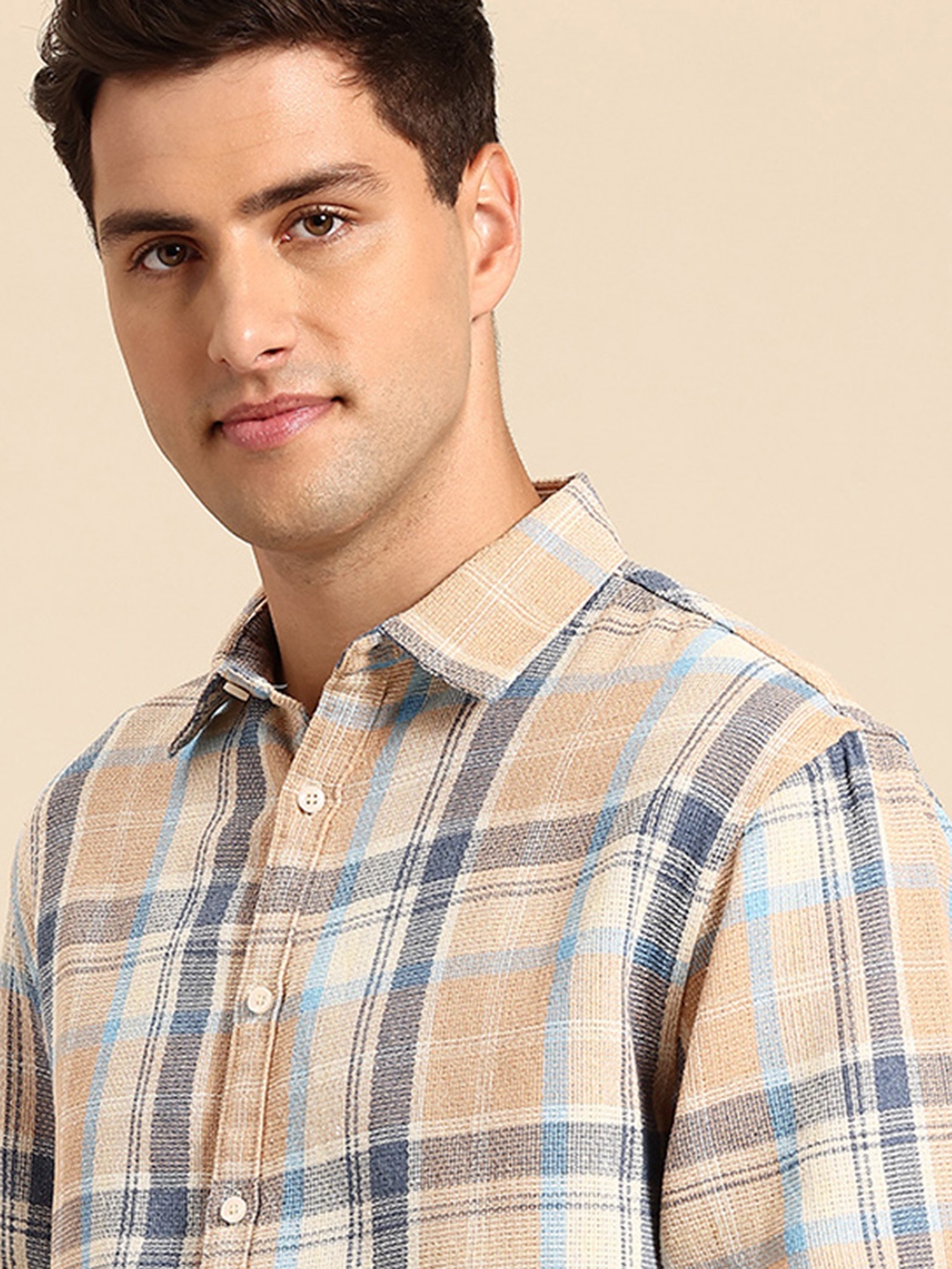 

Mast & Harbour Textured Checked Casual Shirt, Peach