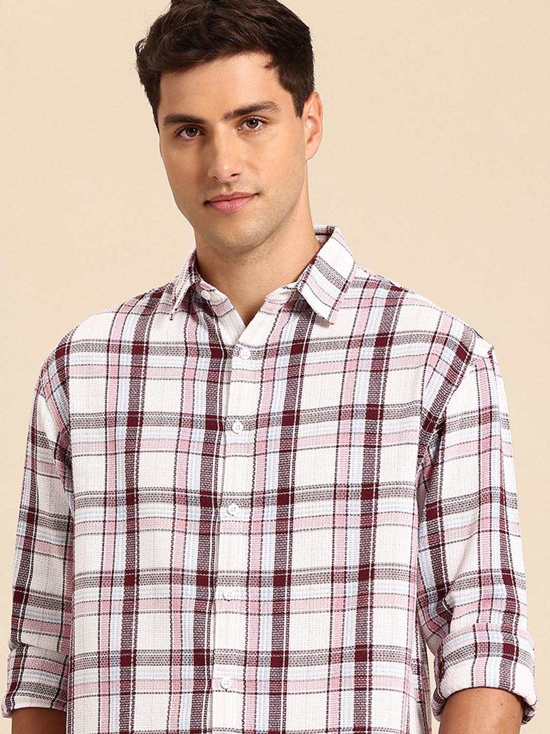 

Mast & Harbour Textured Opaque Checked Casual Shirt, White