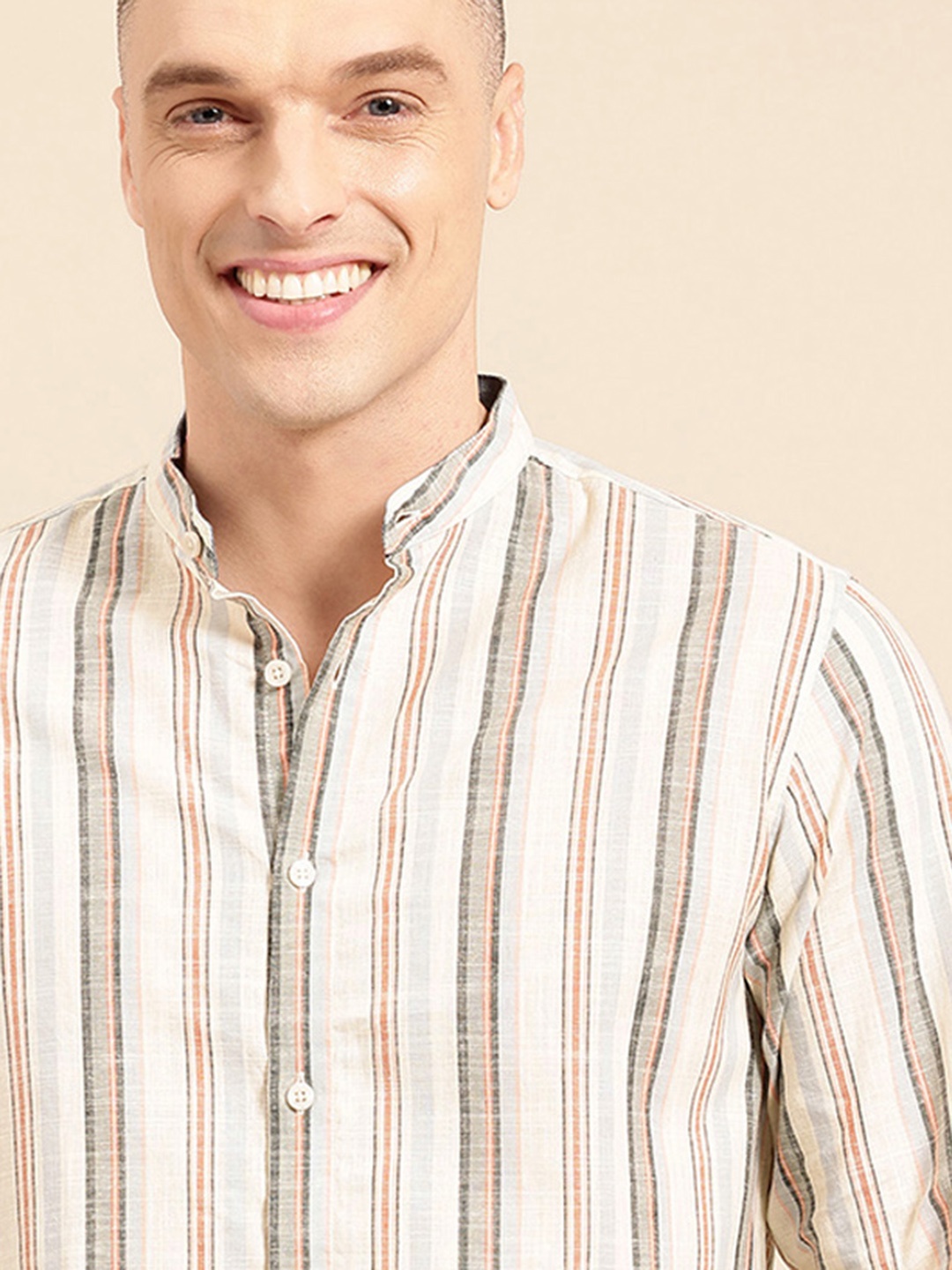 

Mast & Harbour Pure Cotton Striped Casual Shirt, Beige