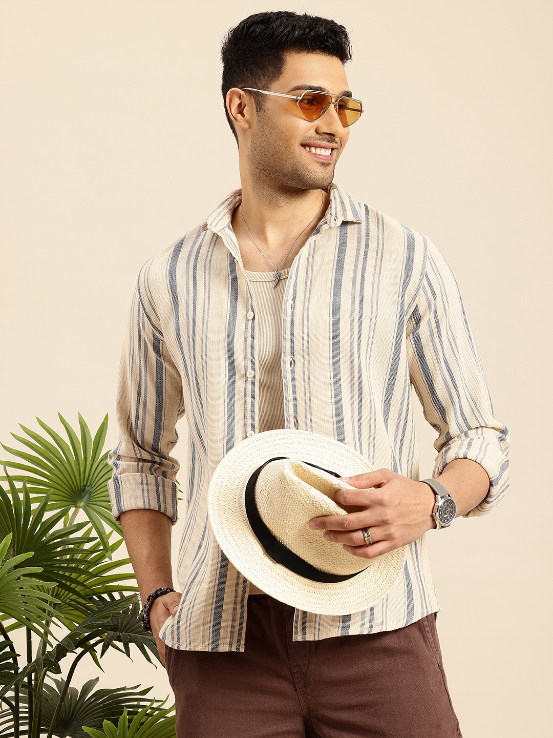 

Mast & Harbour Self Striped Casual Shirt, Beige