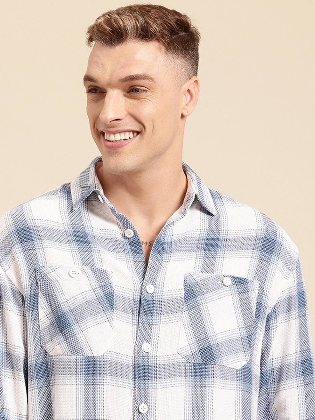 

Mast & Harbour Pure Cotton Tartan Checked Oversized Shackets, White