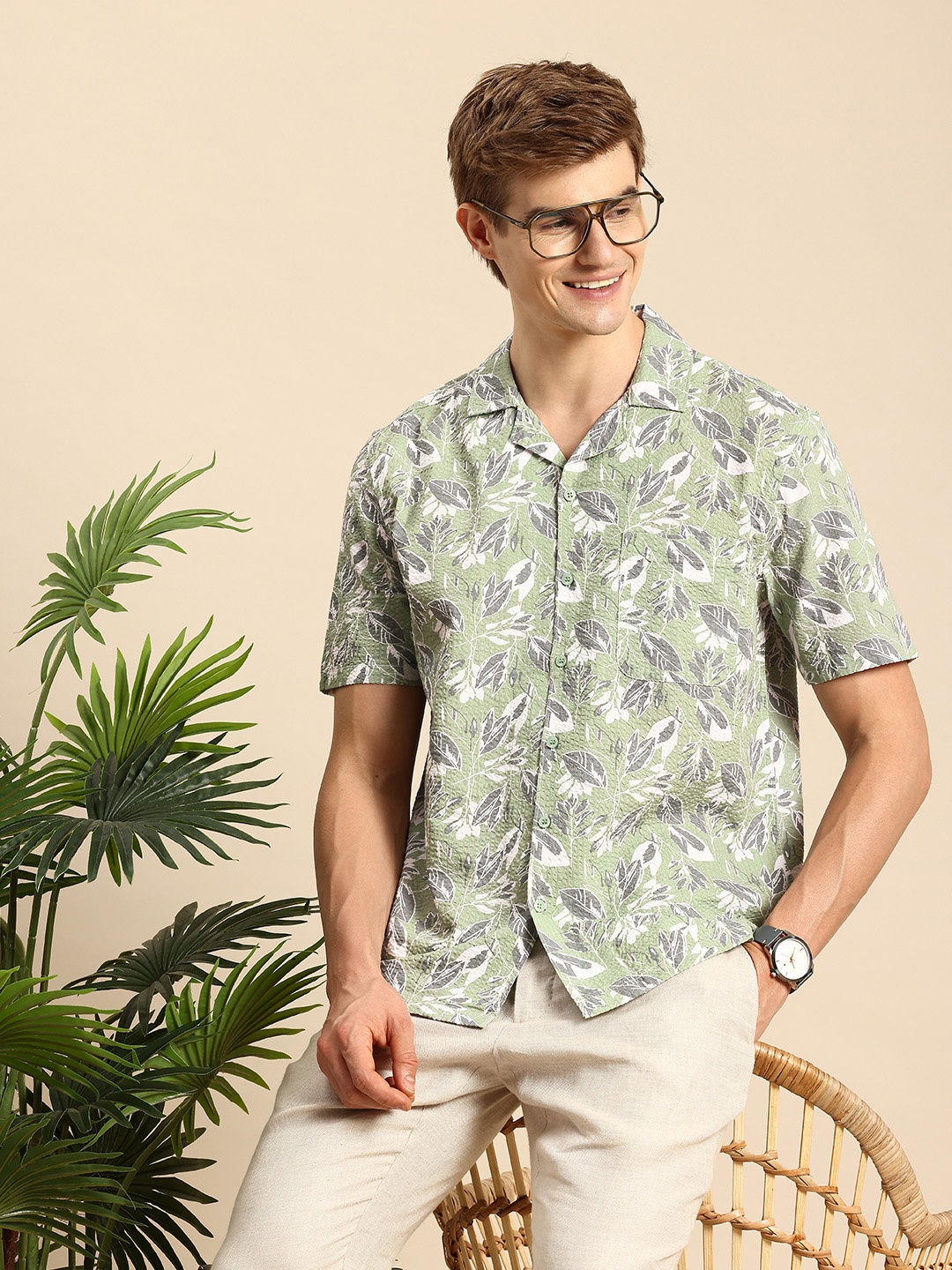 

Mast & Harbour Pure Cotton Tropical Printed Seersucker Casual Shirt, Green