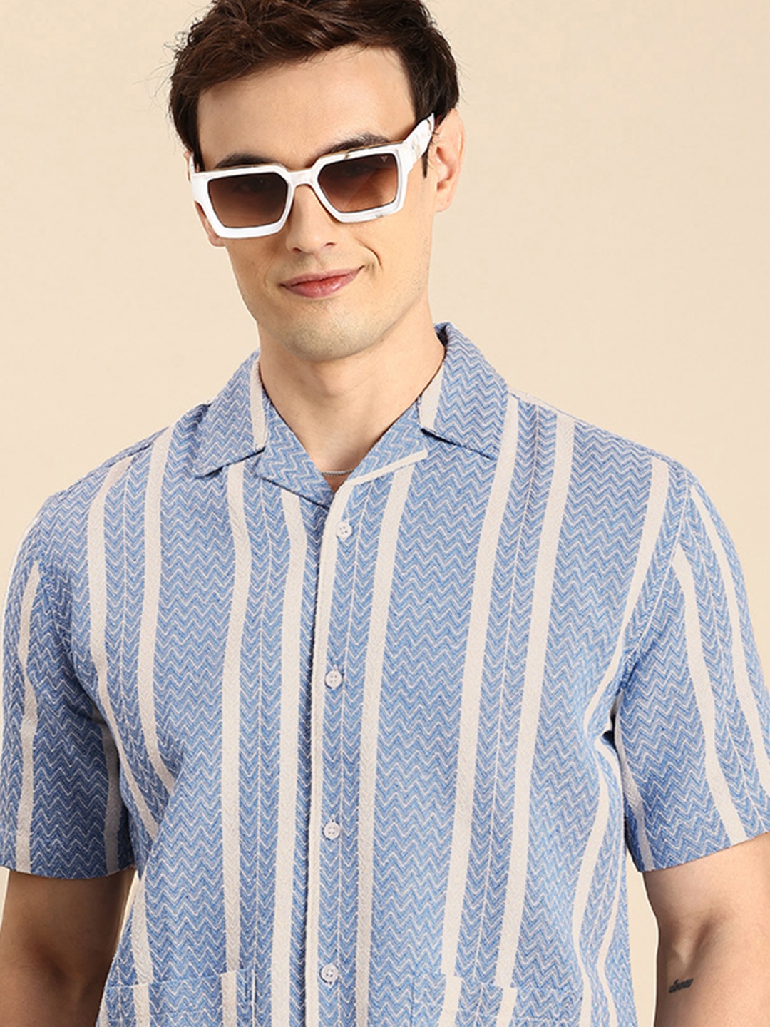 

Mast & Harbour Pure Cotton Self-Design Striped Knitted Casual Shirt, Blue