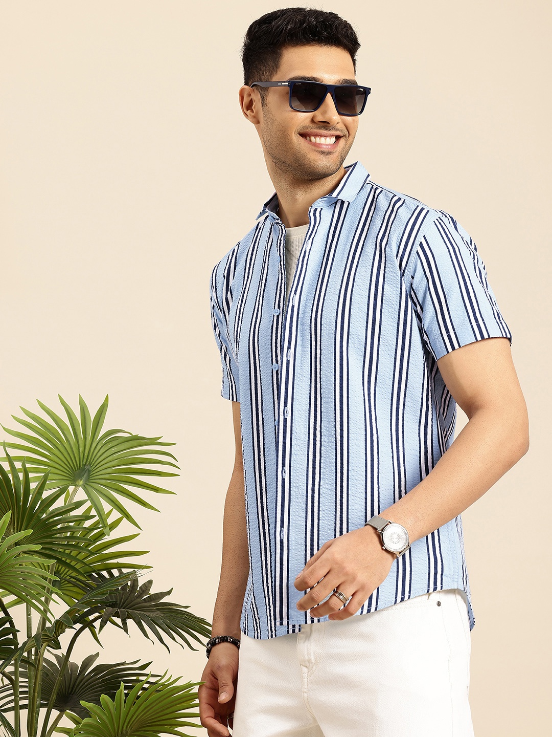 

Mast & Harbour Striped Seersucker Pure Cotton Casual Shirt, Blue