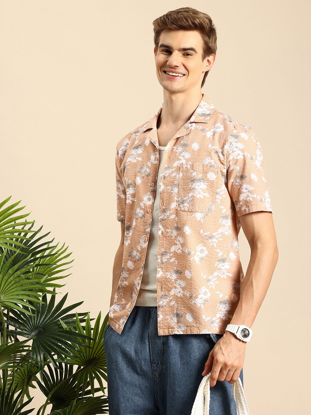 

Mast & Harbour Floral Printed Pure Cotton Seersucker Casual Shirt, Brown