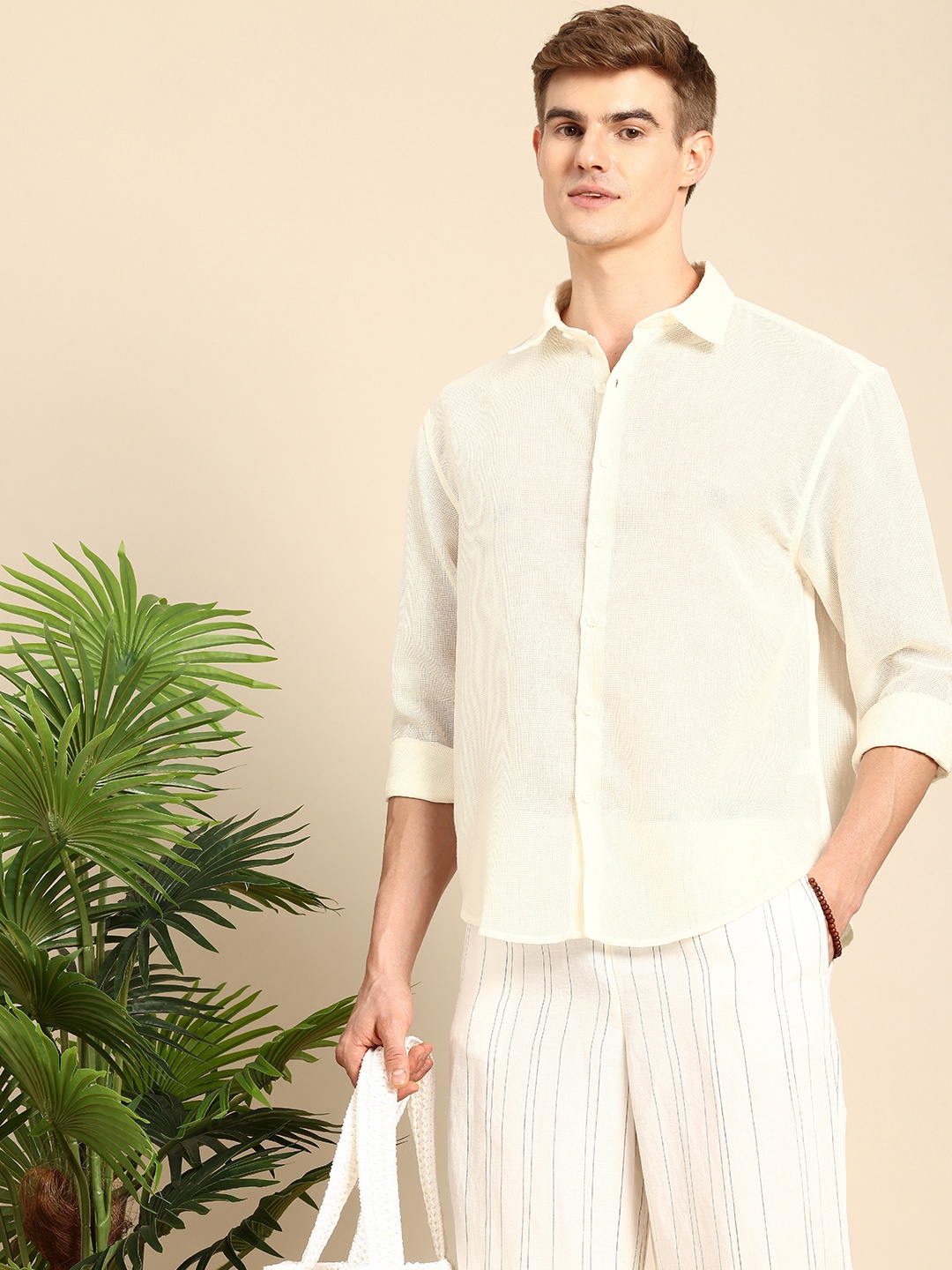 

Mast & Harbour Spread Collar Knitted Casual Shirt, Off white