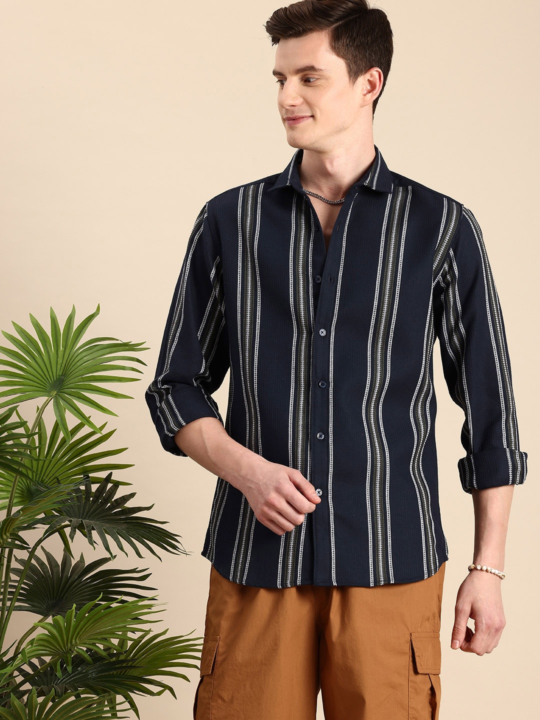 

Mast & Harbour Pure Cotton Textured Striped Casual Shirt, Navy blue