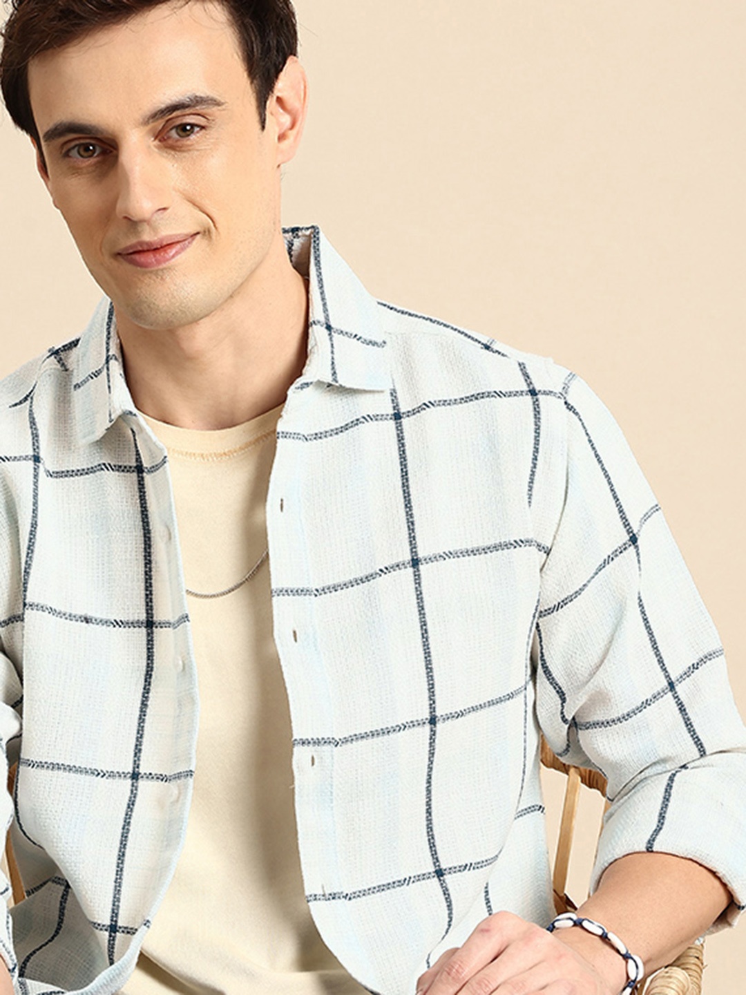 

Mast & Harbour Pure Cotton Checked Knitted Casual Shirt, White