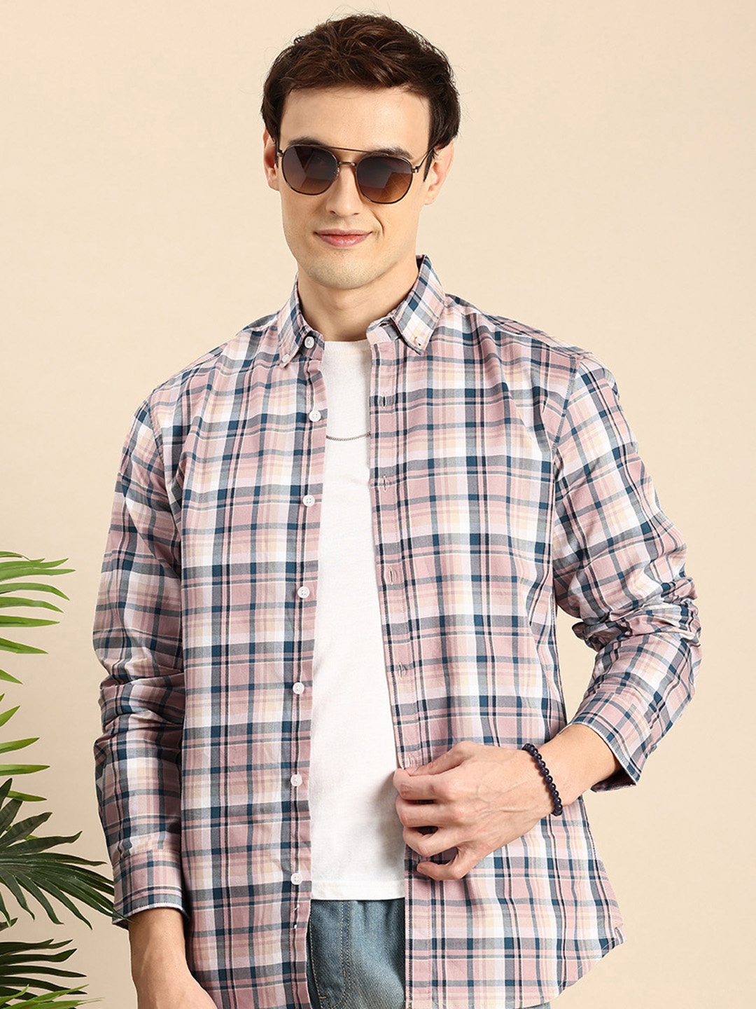 

Mast & Harbour Pure Cotton Button-Down Collar Checked Casual Shirt, Mauve