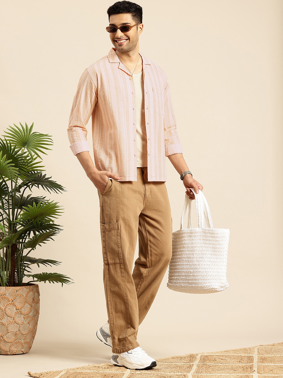 

Mast & Harbour Striped Seersucker Pure Cotton Casual Shirt, Orange