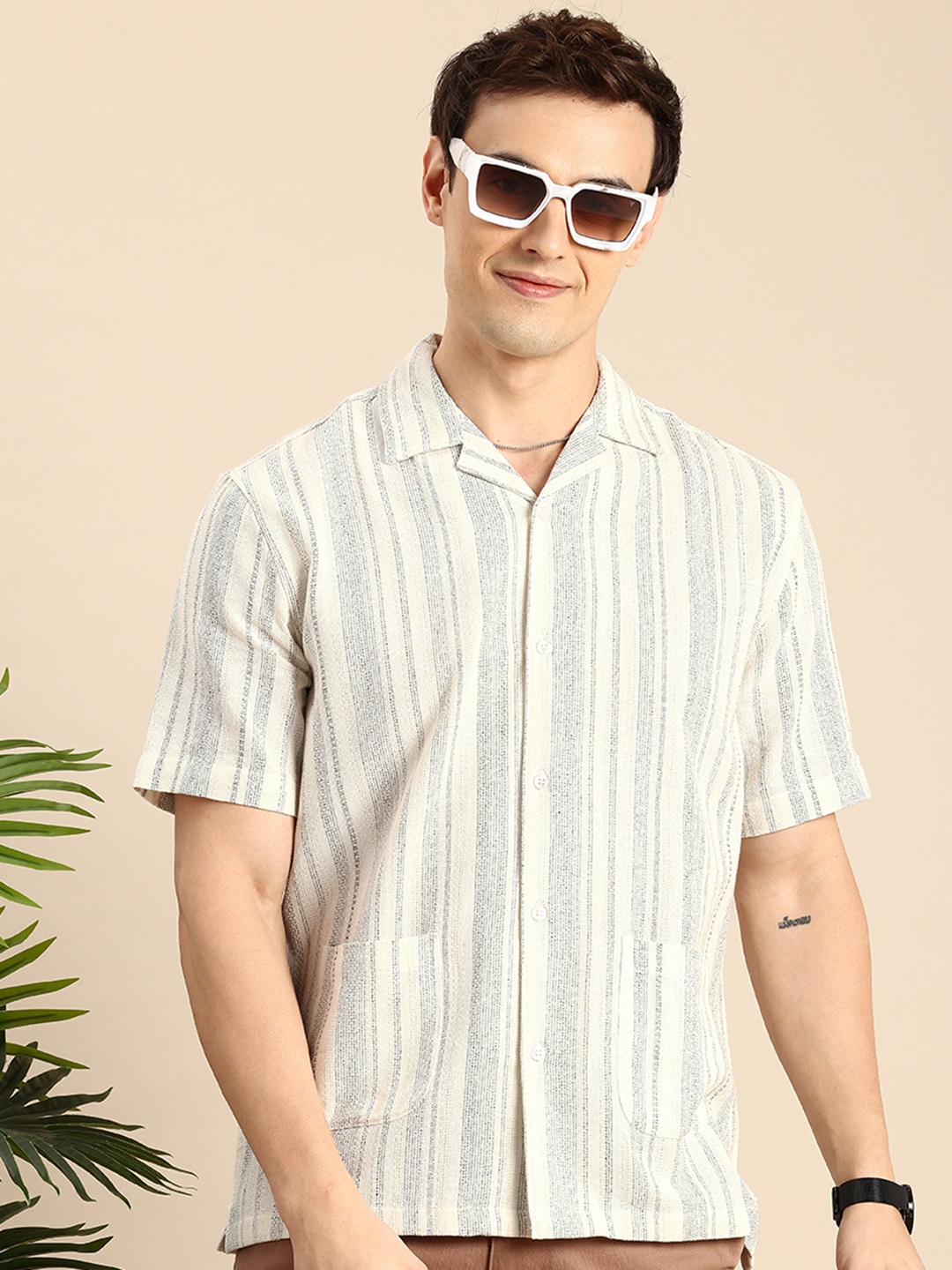 

Mast & Harbour Knitted Opaque Striped Pure Cotton Casual Shirt, Off white