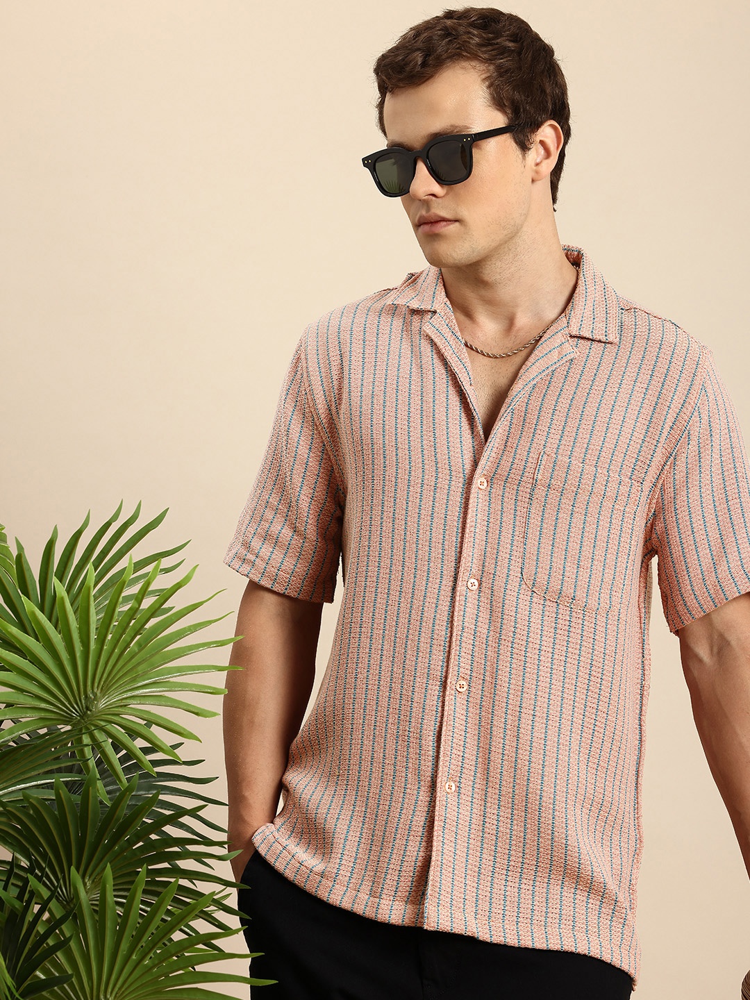 

Mast & Harbour Opaque Striped Pure Cotton Casual Shirt, Peach