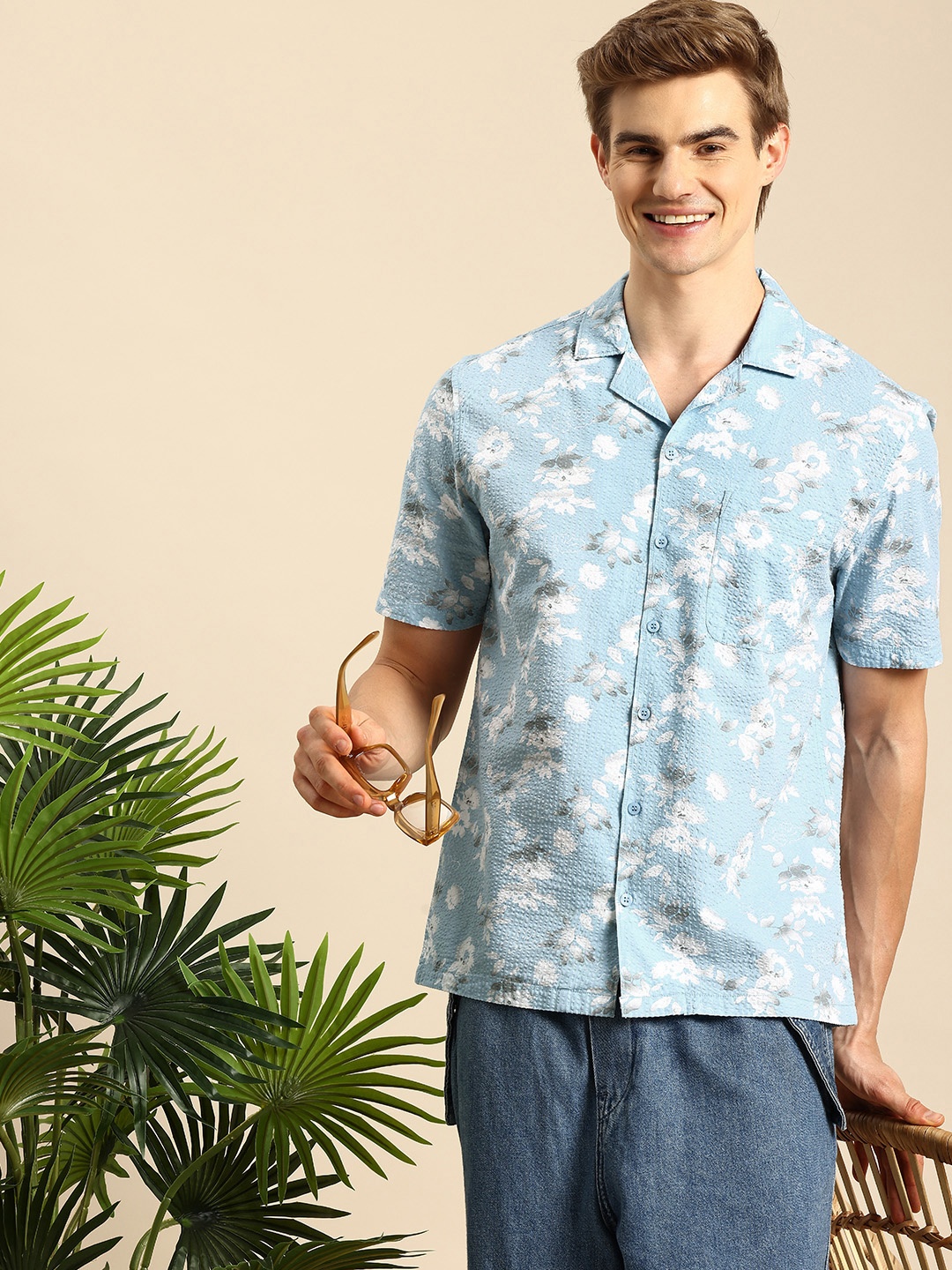 

Mast & Harbour Floral Printed Pure Cotton Seersucker Casual Shirt, Blue