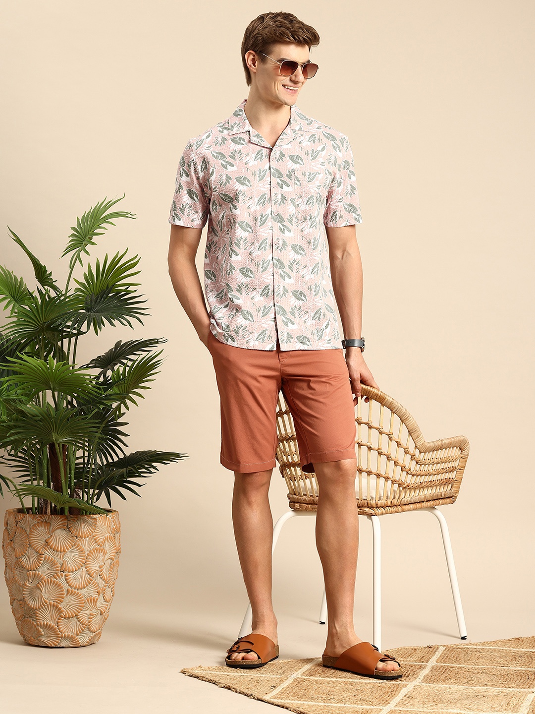 

Mast & Harbour Pure Cotton Tropical Printed Seersucker Casual Shirt, Peach