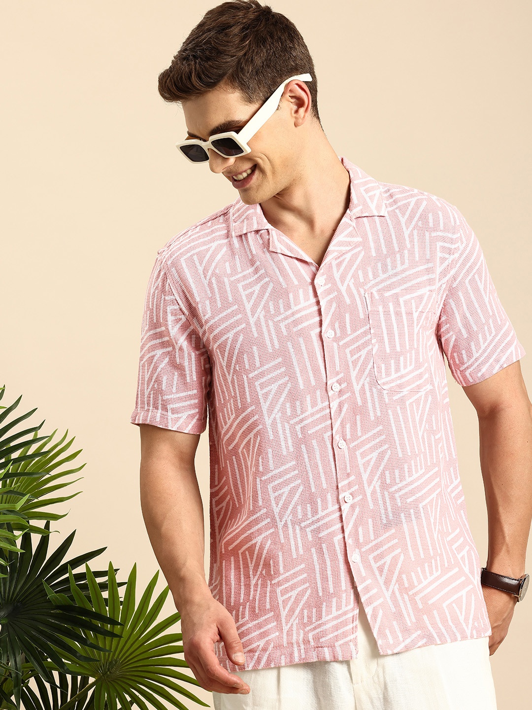 

Mast & Harbour Pure Cotton Printed Cuban Collar Casual Shirt, Pink