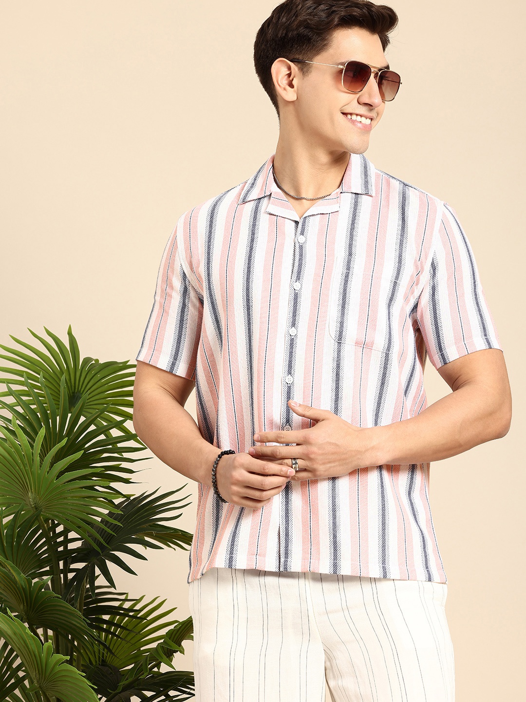 

Mast & Harbour Striped Knitted Casual Shirt, Peach