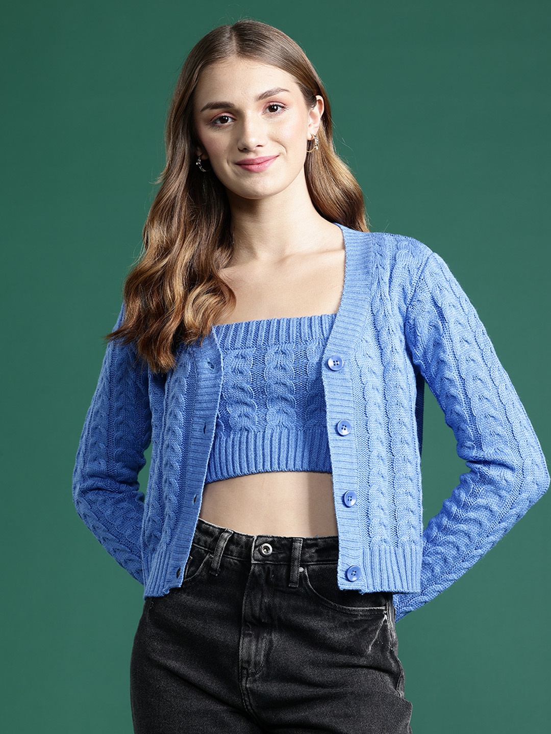 

DressBerry Cable Knit Cardigan with Knitted Inner Crop Top, Blue