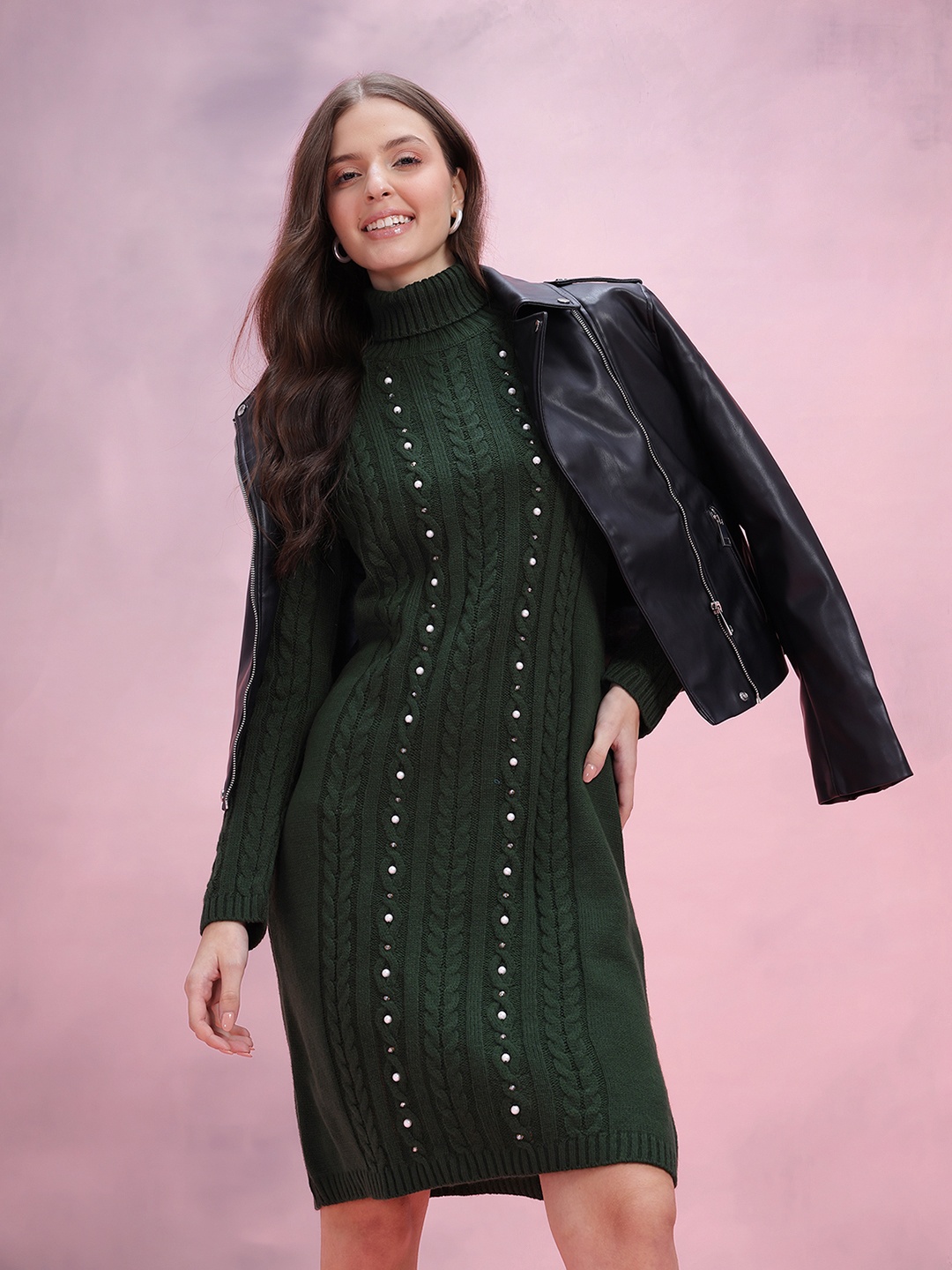 

DressBerry Cable Knit Embellished Winter Dress, Green