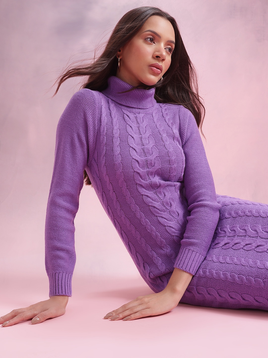 

DressBerry Turtleneck Cable-Knit Jumper Dress, Purple