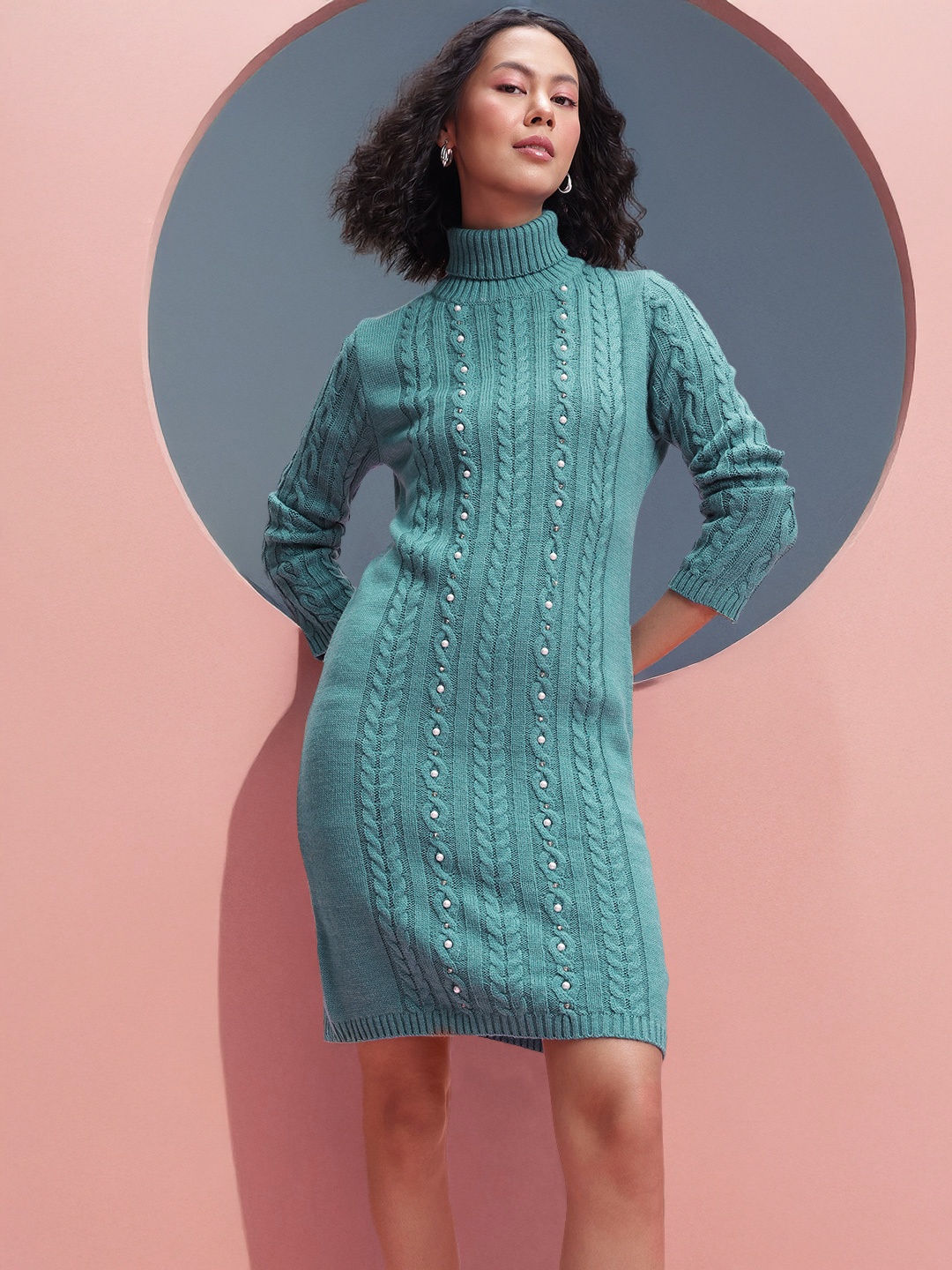 

DressBerry Embellished Cable Knit Sheath Acrylic Winter Dress, Blue