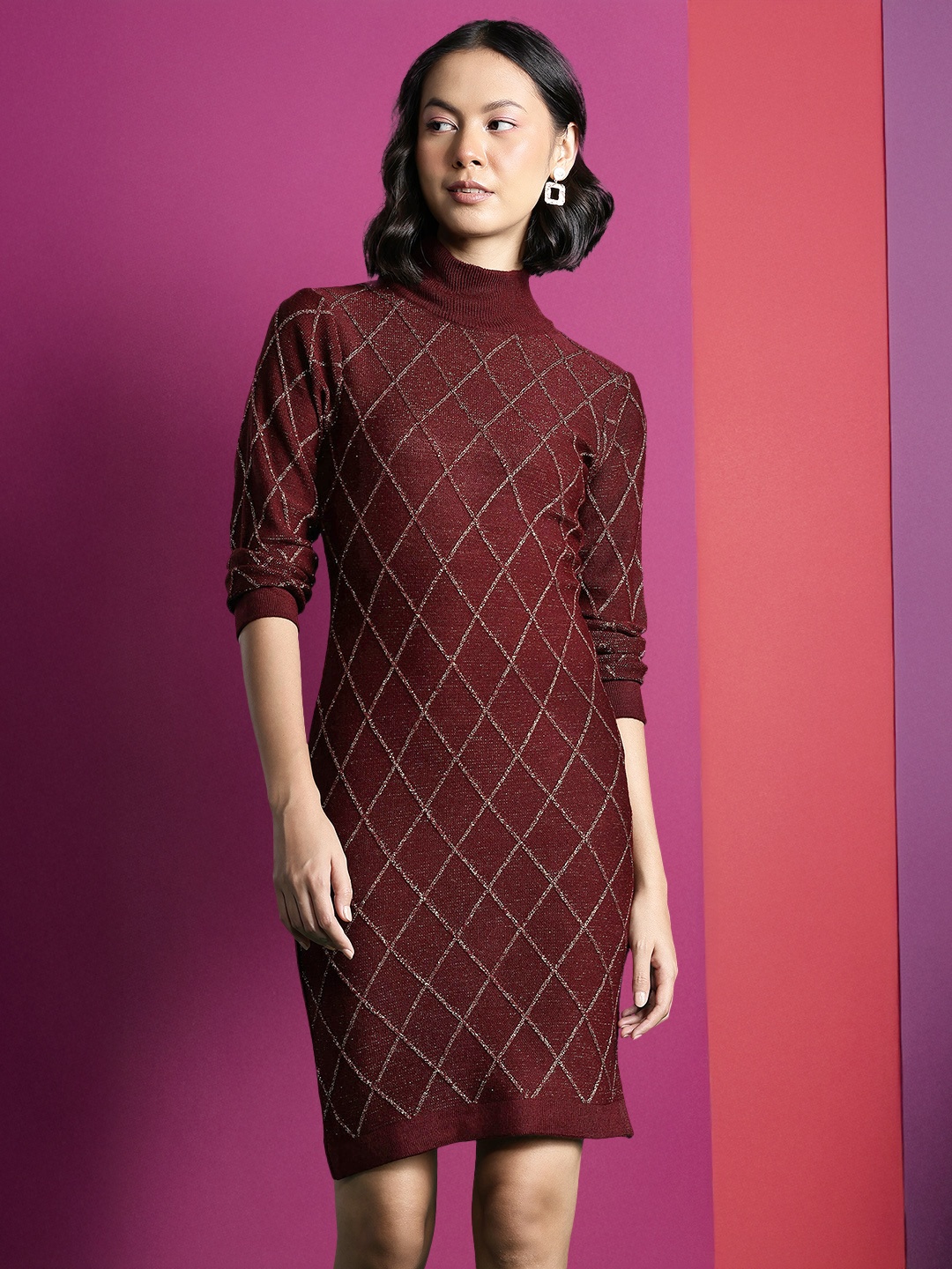

DressBerry Glam Geometric Woven Design Jumper Dress, Maroon