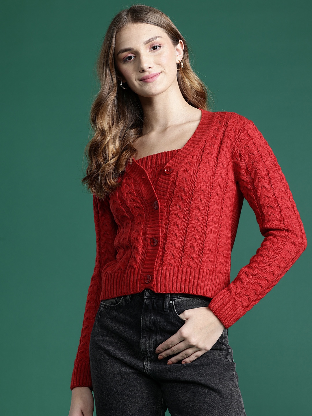 

DressBerry Cable Knit Cardigan with Knitted Inner Crop Top, Red