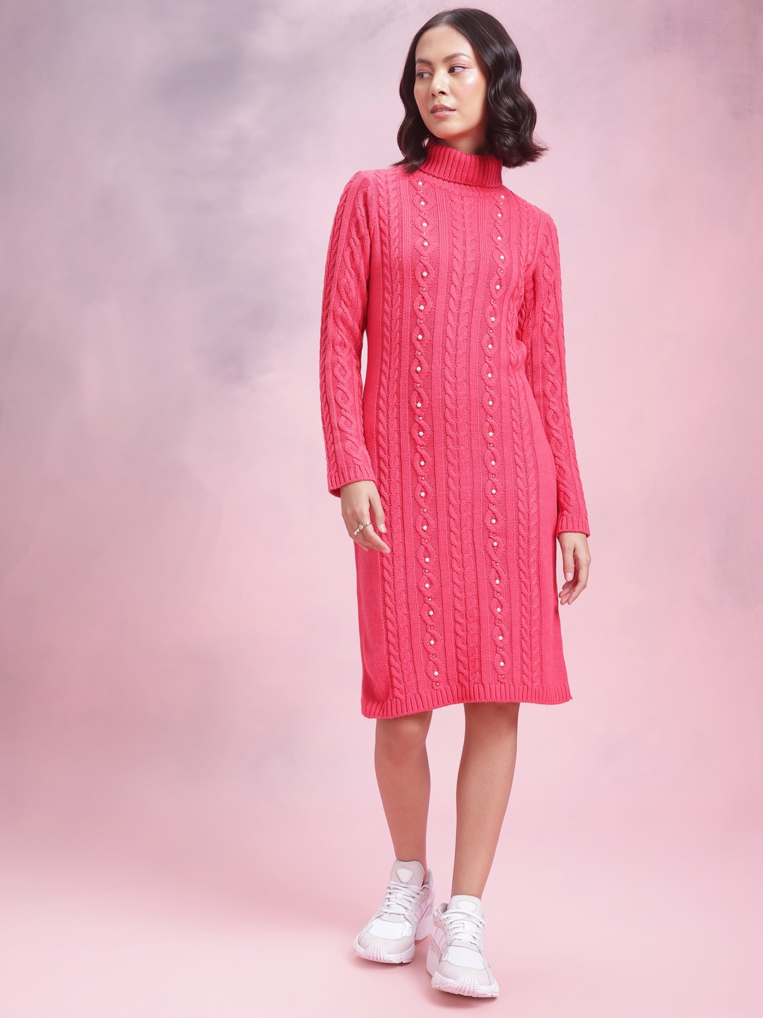 

DressBerry Stone Embellished Cable Knit Acrylic Winter Dress, Pink