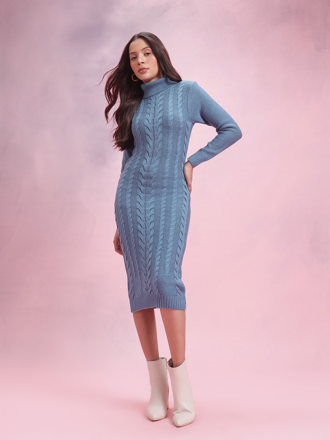 

DressBerry Turtleneck Cable-Knit Jumper Dress, Blue