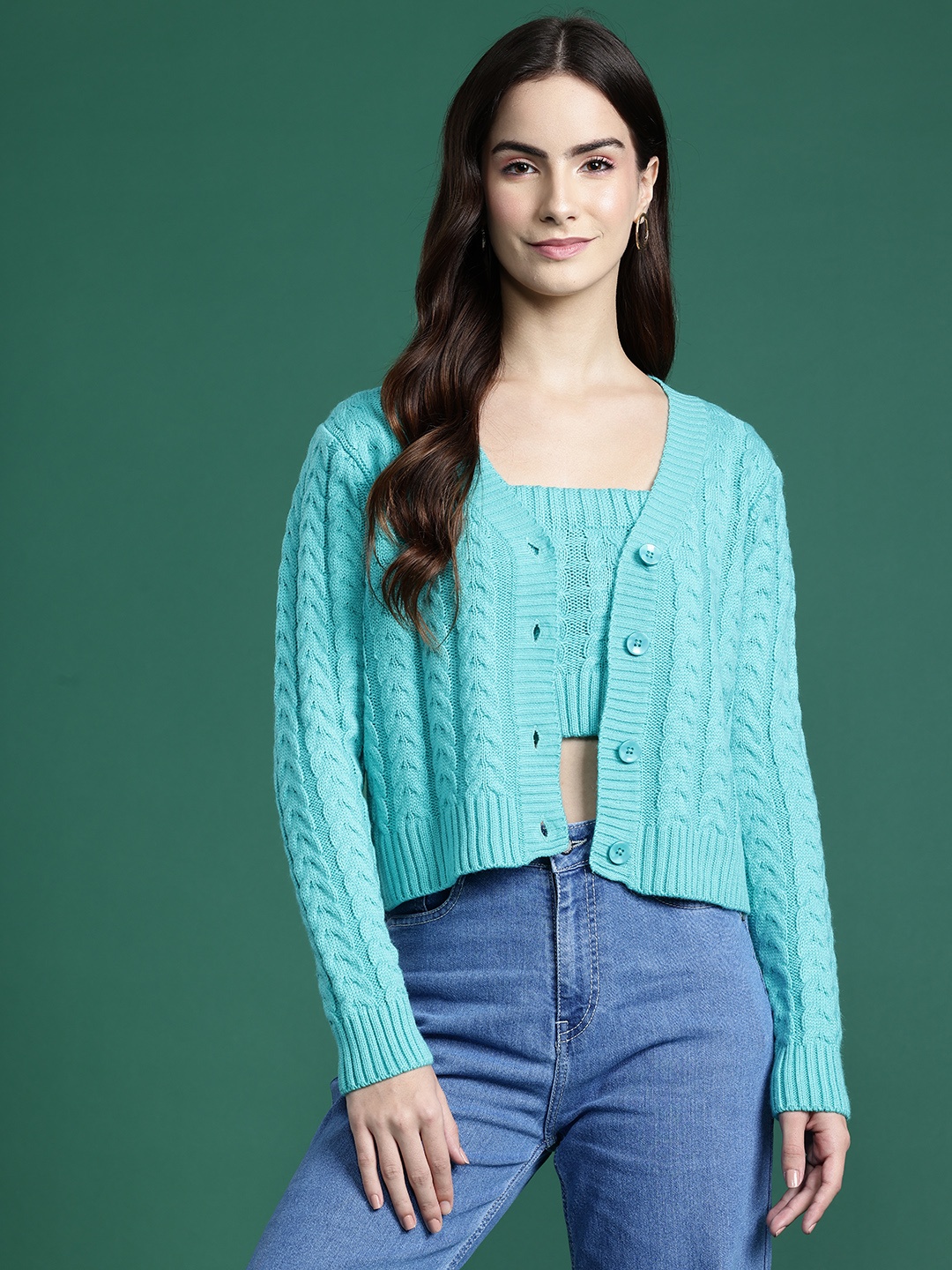 

DressBerry Cable Knit Cardigan with Knitted Inner Crop Top, Sea green