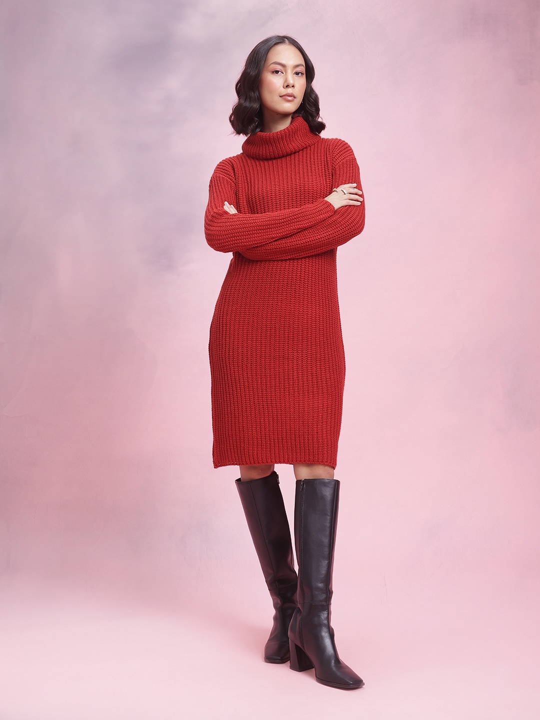 

DressBerry Sheath Ribbed Acrylic Winter Dress, Red