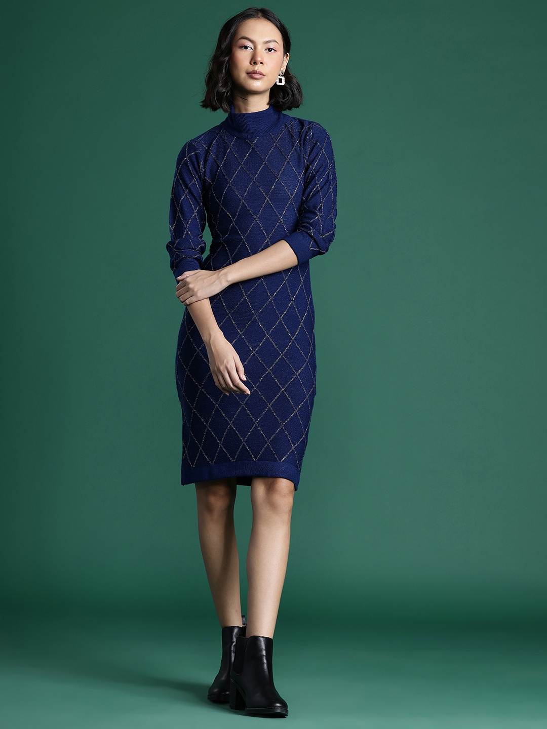 

DressBerry Geometric Woven Design Jumper Dress, Navy blue